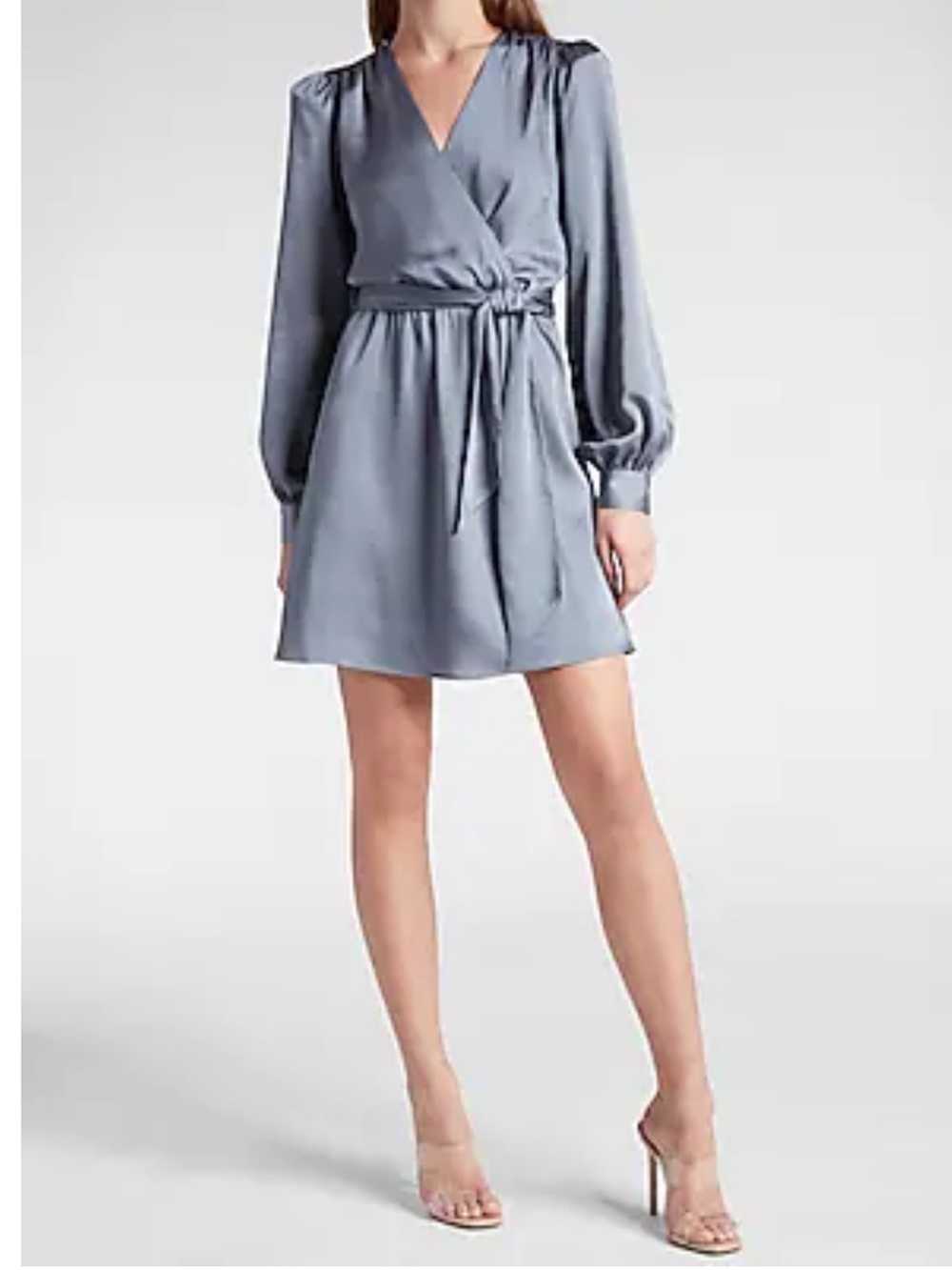 Express Satin Tie Waist Long Sleeve Mini Dress in Folkstone Gray